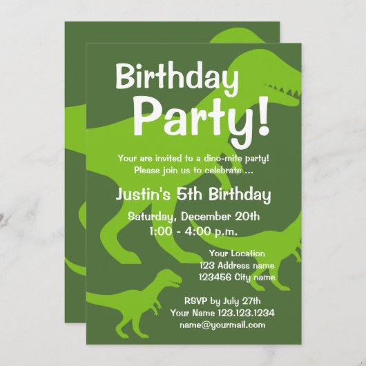 T-Rex dinosaurus verjaardagsfeest uitnodigingen vo (Voorkant / Achterkant)