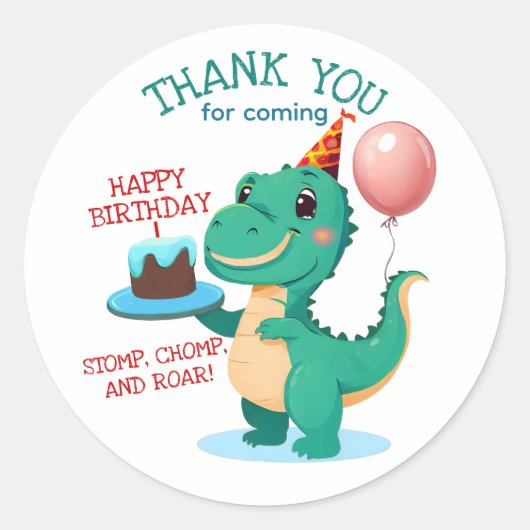 T Rex Dinosaurus Verjaardagsfeestje Dank u Ronde Sticker (Voorkant)