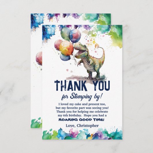 T-Rex Dinosaurusballonnen Verf Splash Verjaardag Bedankkaart (Voorkant / Achterkant)