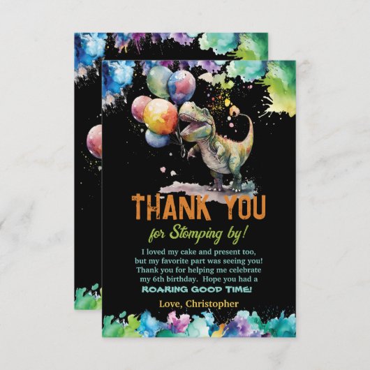 T-Rex Dinosaurusballonnen Verf Splash Verjaardag Bedankkaart (Voorkant / Achterkant)