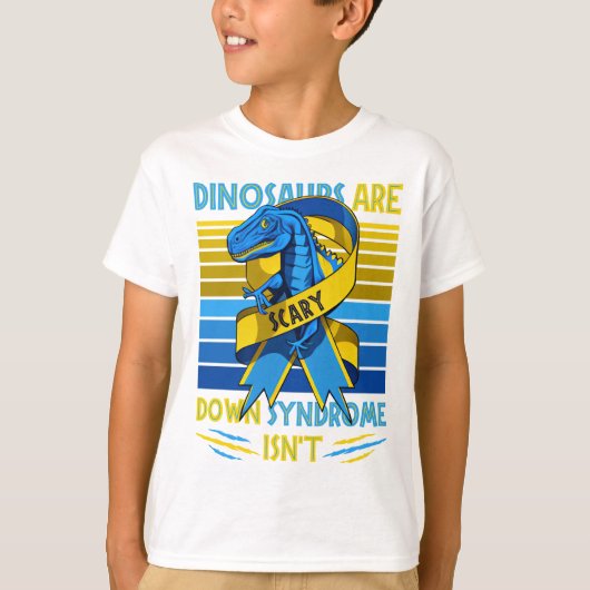 T-Rex Down Syndrome Awareness Yellow Blue Ribbon T-shirt (Voorkant)