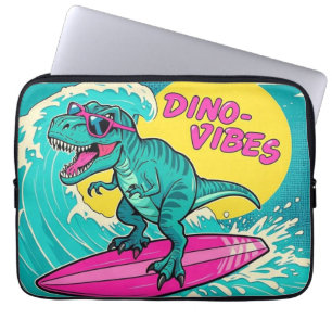 T-Rex draagt een zonnebril en rijdt op een neon ro Laptop Sleeve