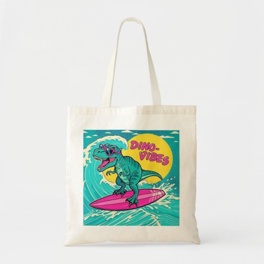 T-Rex draagt een zonnebril en rijdt op een neon ro Tote Bag (Voorkant)