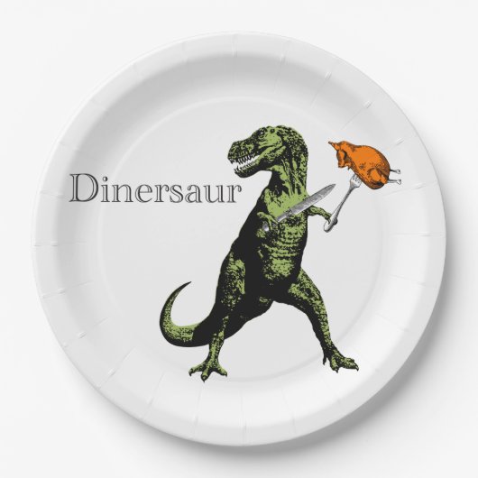 T-Rex eet kip met mes en vork: Een Dinersaur... Papieren Bordje (Voorkant)