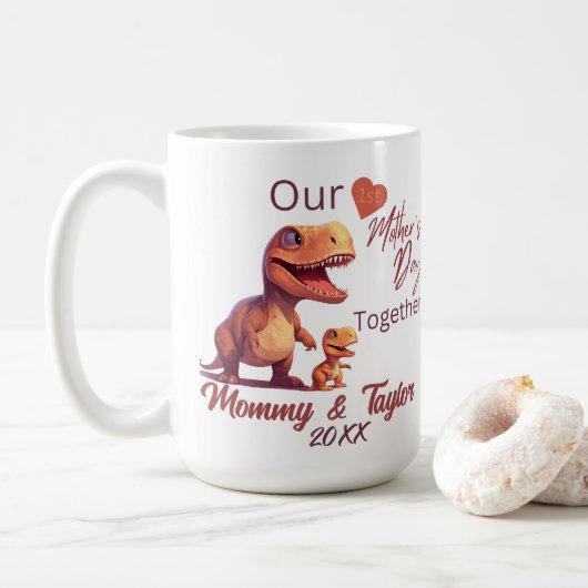 T-Rex en baby, onze eerste Moederdag samen Koffiemok (Met donut)