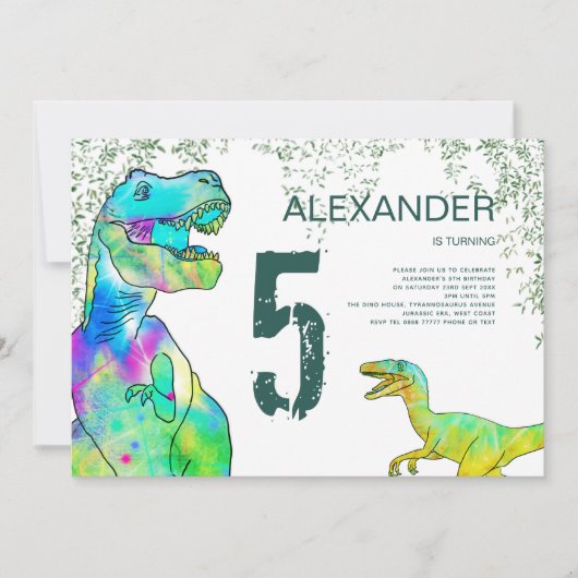T-Rex en Raptor Dinosaurus 5e Verjaardagsfeest Kaart (Voorkant)