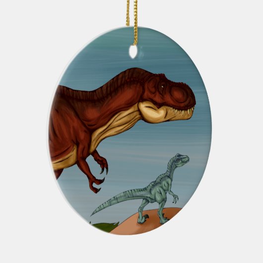 T-Rex en Velociraptor Keramisch Ornament (Rechts)