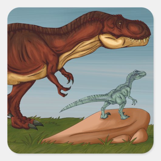 T-Rex en Velociraptor Vierkante Sticker (Voorkant)