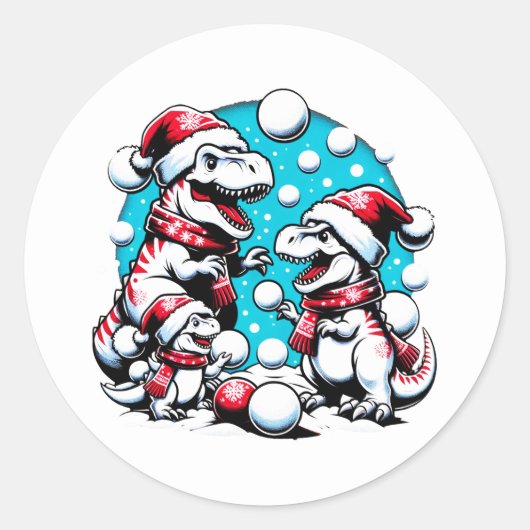 T-Rex familie sneeuwbal gevecht - Grappige kerst d Ronde Sticker (Voorkant)