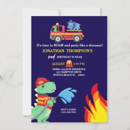T Rex Fireman Uitnodiging voor 2e verjaardagsfeest (Voorkant)