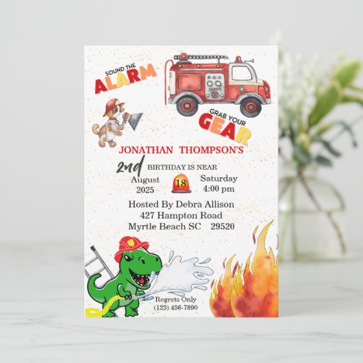 T Rex Firemans 2e verjaardag Uitnodiging (Staand voorkant)