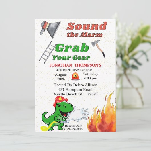 T Rex Firemans 4th Birthday Party Invitation Kaart (Staand voorkant)