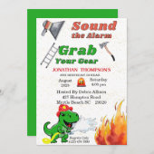 T Rex Firemans 4th Birthday Party Invitation Kaart (Voorkant / Achterkant)