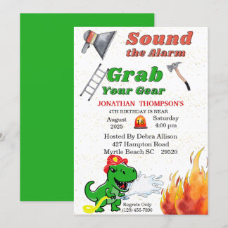 T Rex Firemans 4th Birthday Party Invitation Kaart