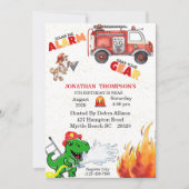 T Rex Firemans 5th Birthday Party Invitation Kaart (Voorkant)