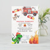 T Rex Firemans 5th Birthday Party Invitation Kaart (Staand voorkant)