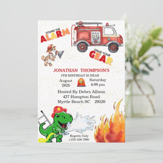 T Rex Firemans 5th Birthday Party Invitation Kaart (Staand voorkant)