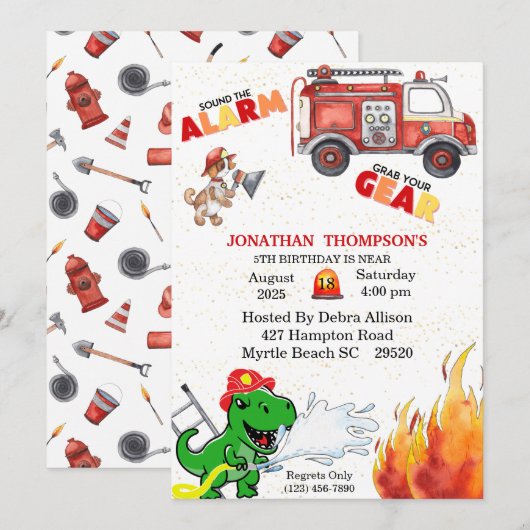 T Rex Firemans 5th Birthday Party Invitation Kaart (Voorkant / Achterkant)