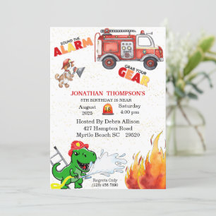 T Rex Firemans 5th Birthday Party Invitation Kaart