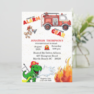 T Rex Firemans 5th Birthday Party Invitation Kaart