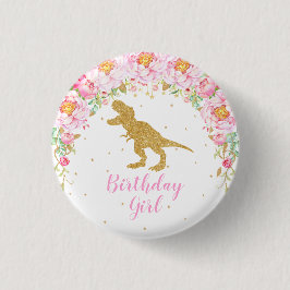 T-Rex Floral Dinosaur Birthday Girl Guest of Honor Ronde Button 3,2 Cm