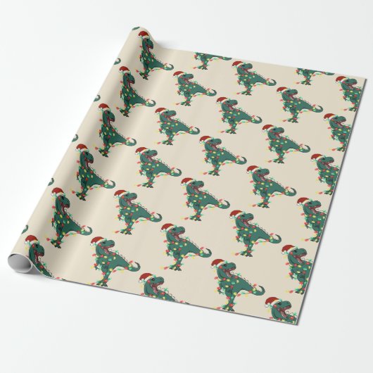 T-Rex Funny Boy Kerstmis Cadeaupapier (Uitgerold)
