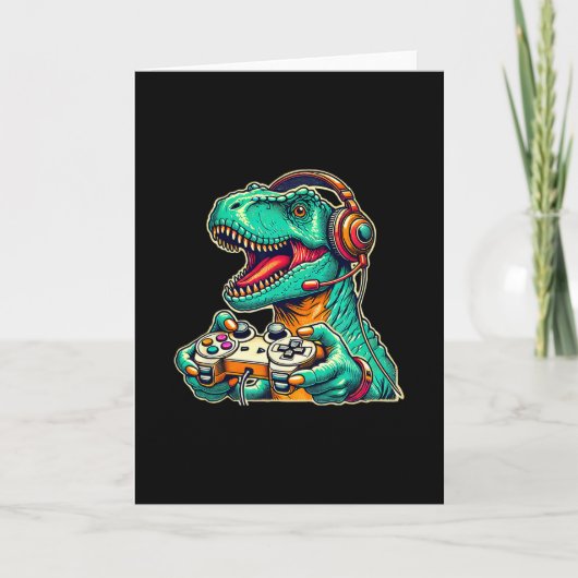 T-rex gamen met headset Funny Dinosaur Gamer Gra Kaart (Voorkant)