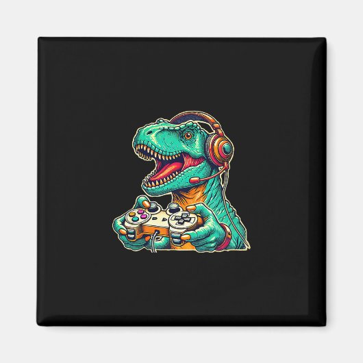 T-rex gamen met headset Funny Dinosaur Gamer Gra Magneet (Voorkant)