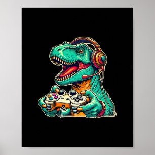 T-rex gamen met headset Funny Dinosaur Gamer Gra Poster
