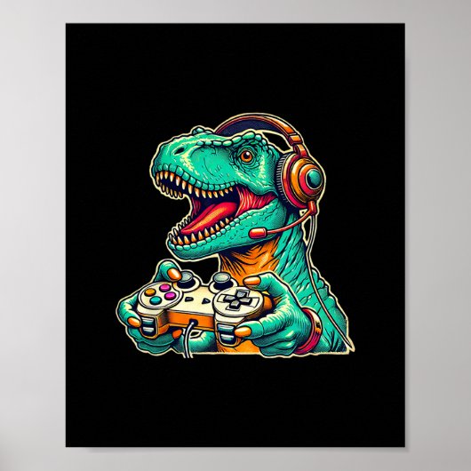 T-rex gamen met headset Funny Dinosaur Gamer Gra Poster (Voorkant)