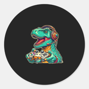 T-rex gamen met headset Grappige dinosaurusgamer G Ronde Sticker