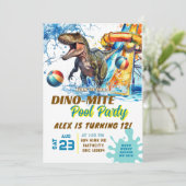 T-Rex Glijbaan Zwembad Feest Verjaardagsuitnodigin Kaart (Staand voorkant)