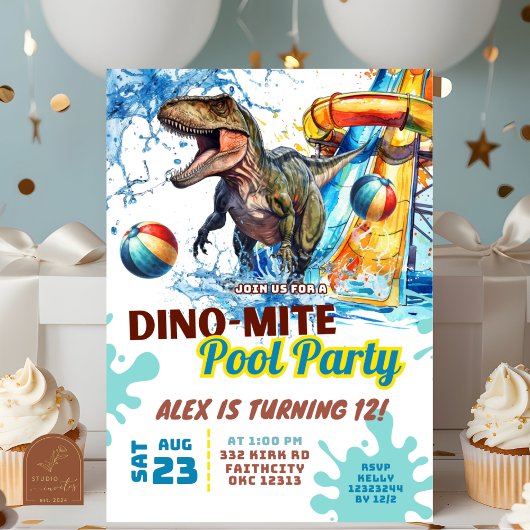 T-Rex Glijbaan Zwembad Feest Verjaardagsuitnodigin Kaart
