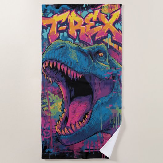 T-Rex Graffiti Pop Art Dinosaurus Illustratie Strandlaken (Voorkant)