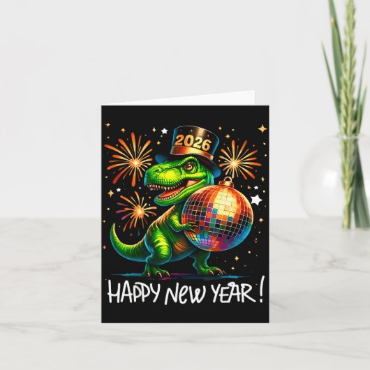 T Rex Happy New Year 2026 Disco Ball Fireworks Tee Kaart (Voorkant)