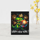 T Rex Happy New Year 2026 Disco Ball Fireworks Tee Kaart (Gele Bloem)