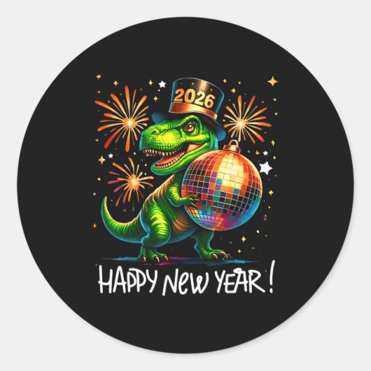 T Rex Happy New Year 2026 Disco Ball Fireworks Tee Ronde Sticker (Voorkant)