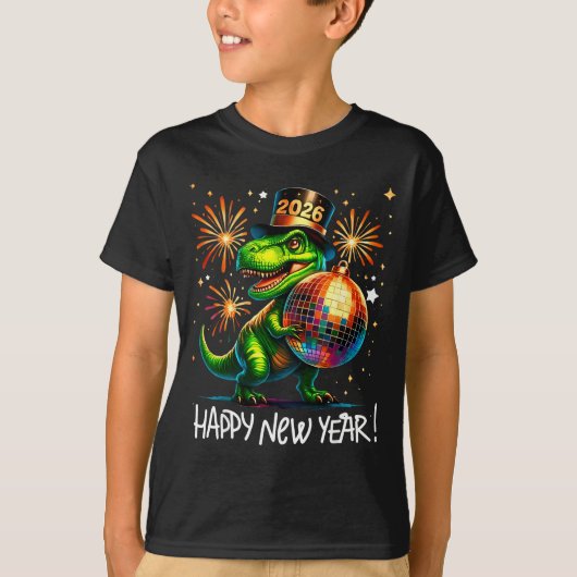 T Rex Happy New Year 2026 Disco Ball Fireworks Tee T-shirt (Voorkant)