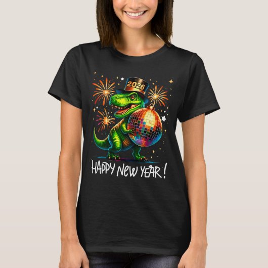 T Rex Happy New Year 2026 Disco Ball Fireworks Tee T-shirt (Voorkant)