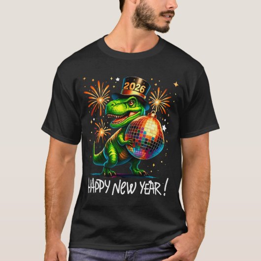 T Rex Happy New Year 2026 Disco Ball Fireworks Tee T-shirt (Voorkant)
