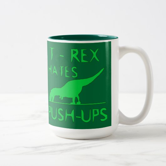 T REX HATES PUSHUPS Funny Dino Design Tweekleurige Koffiemok (Rechts)