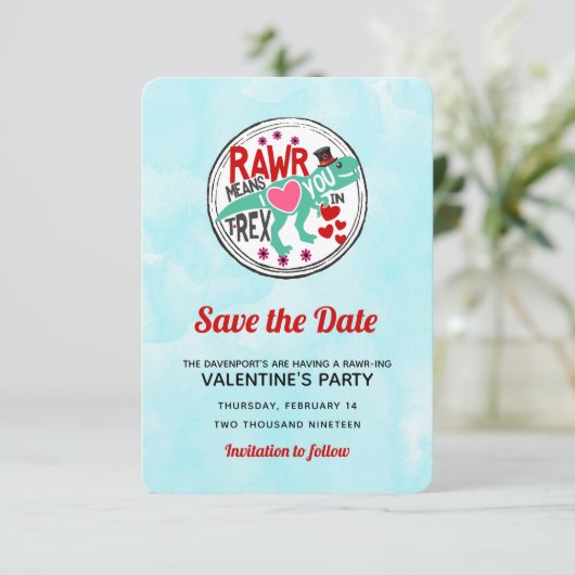T-Rex in een Tophat Schattigee Valentijn Bewaar de Save The Date (Staand voorkant)