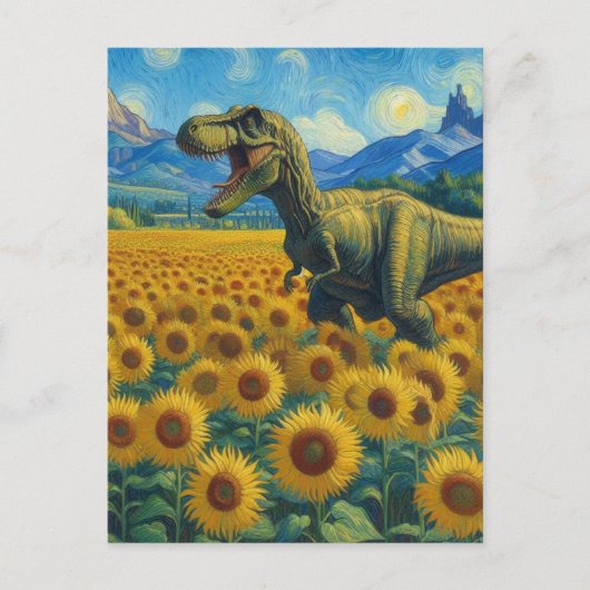T-Rex in een zonnebloemveld Briefkaart (Voorkant)