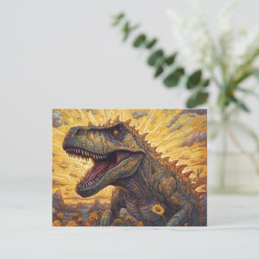 T-rex in een zonnebloemveld briefkaart (Staand voorkant)