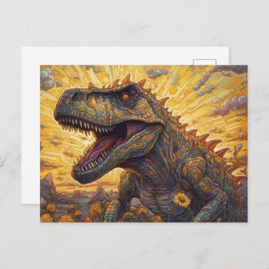 T-rex in een zonnebloemveld briefkaart (Voorkant / Achterkant)