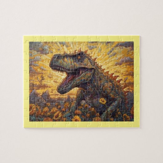 T-rex in een zonnebloemveld legpuzzel (Horizontaal)
