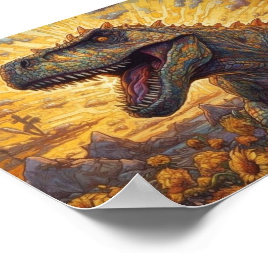 T-rex in een zonnebloemveld poster (Hoek)