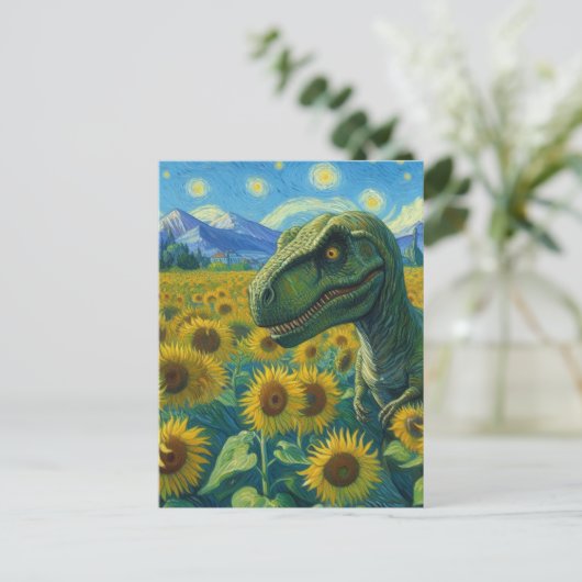 T-Rex in het Zonnebloemveld Van Gogh Briefkaart (Staand voorkant)