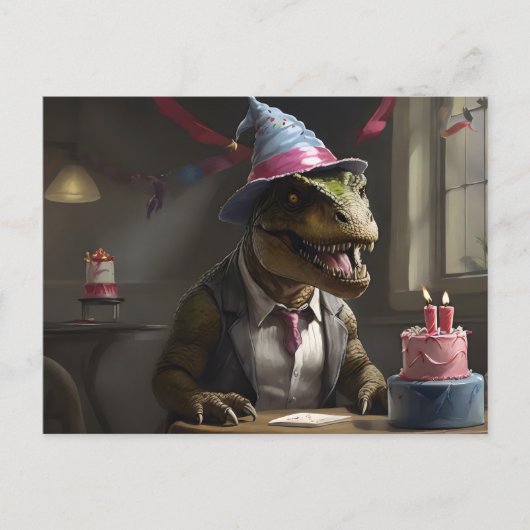 T-rex in verjaardagshoed briefkaart (Voorkant)