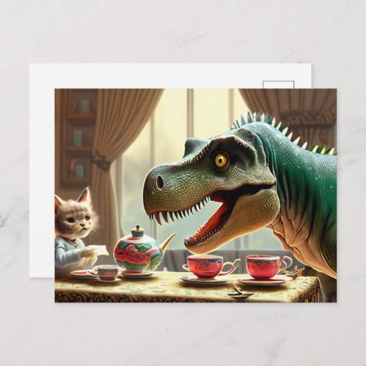 T-rex, kitten, theefeest briefkaart (Voorkant / Achterkant)